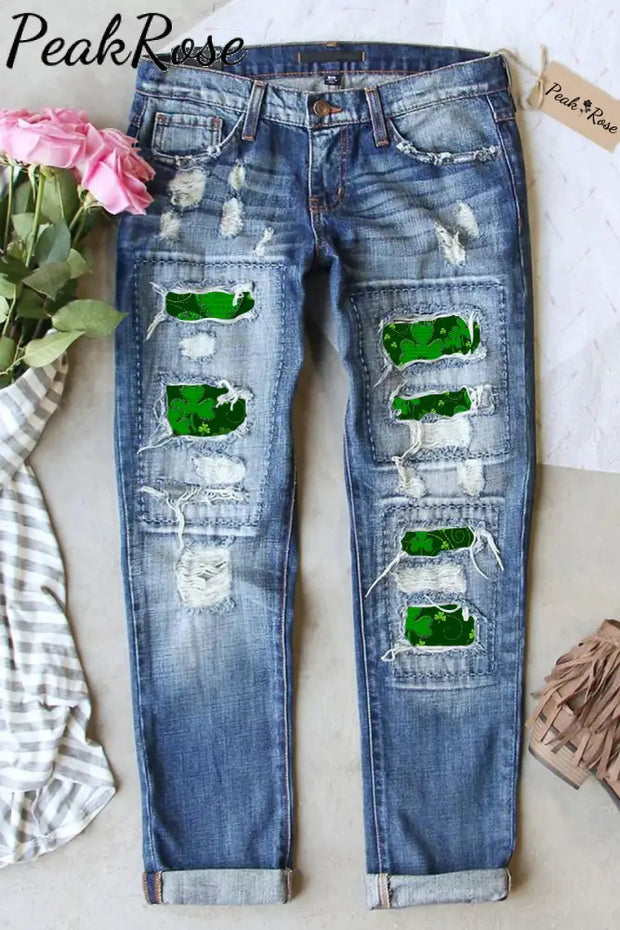 Retro Dark Green Clover Vine Full Print Ripped Denim Jeans S