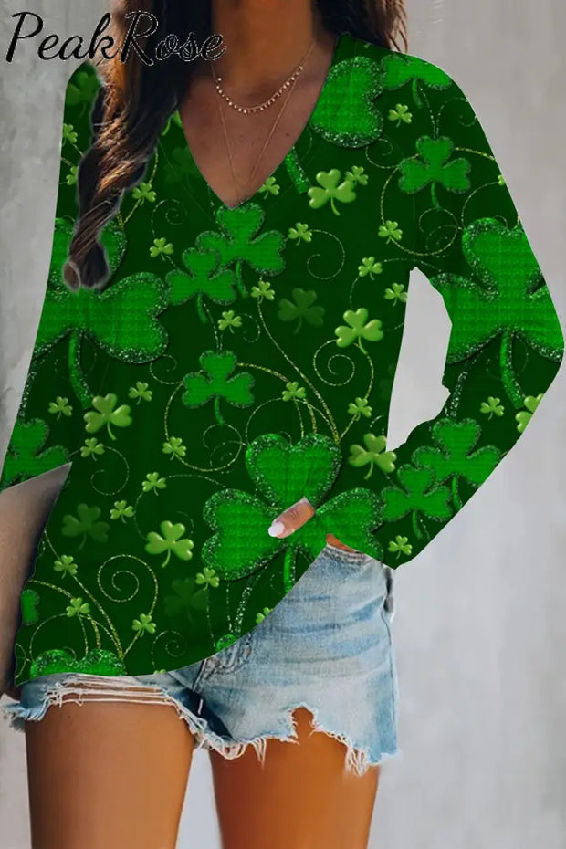 Retro Dark Green Clover Vine Full Print V-Neck Long Sleeve Tee