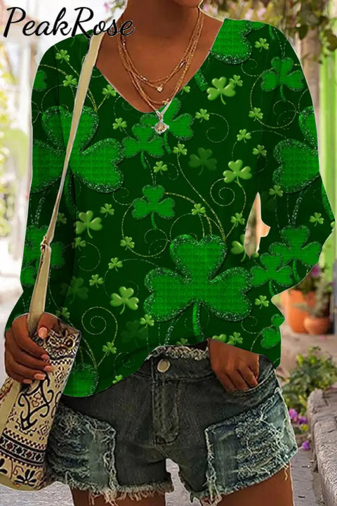 Retro Dark Green Clover Vine Full Print V Neck Sweatshirt