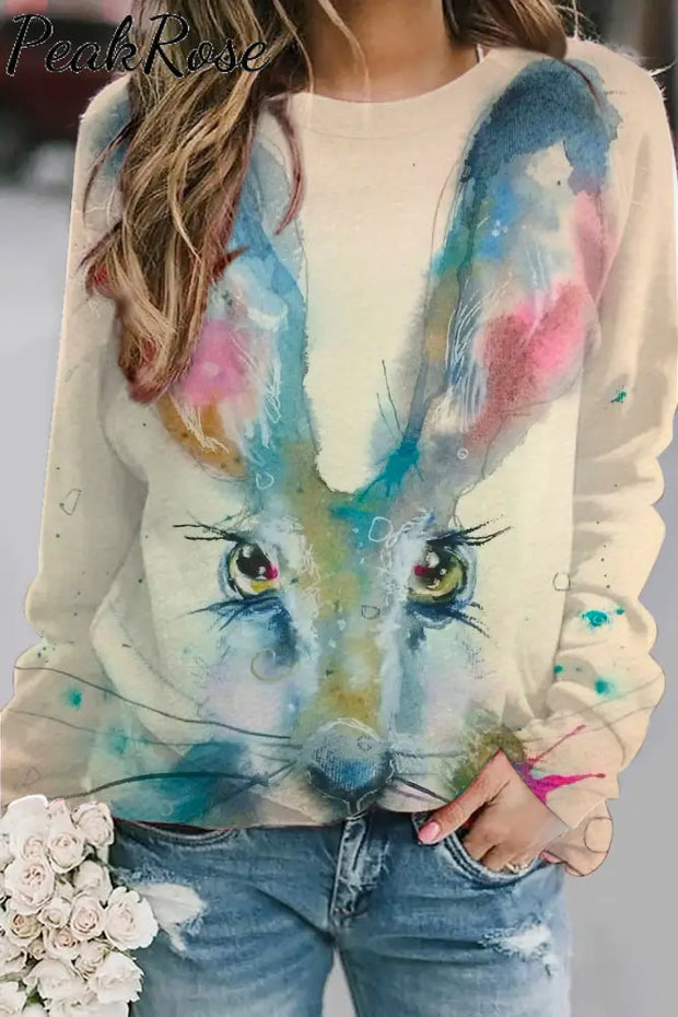 Retro Easter Cute Bunny Watercolor Floral Print Sweatshirt