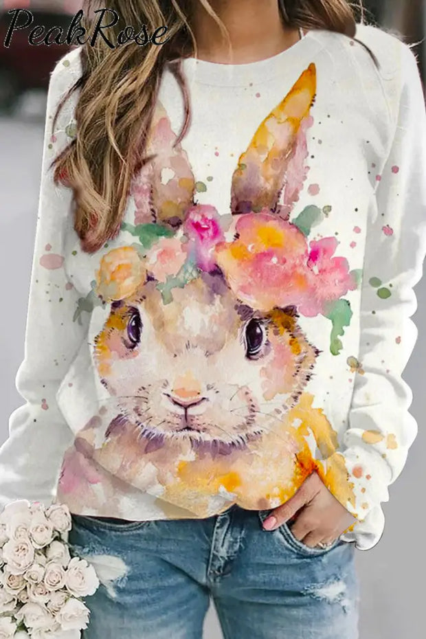 Retro Easter Cute Bunny Watercolor Floral Print Sweatshirt