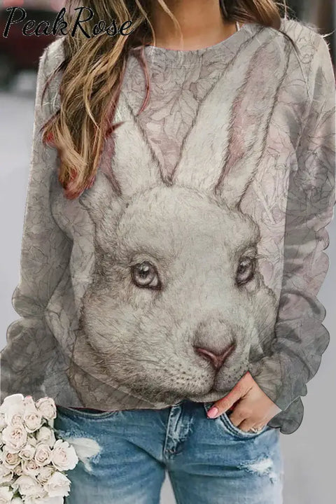 Retro Easter Cute Bunny Watercolor Floral Print Sweatshirt