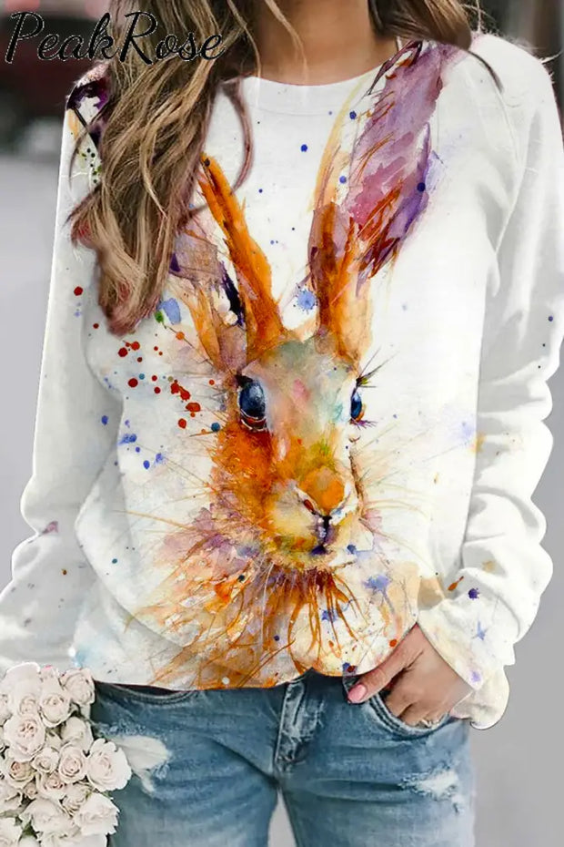 Retro Easter Cute Bunny Watercolor Floral Print Sweatshirt