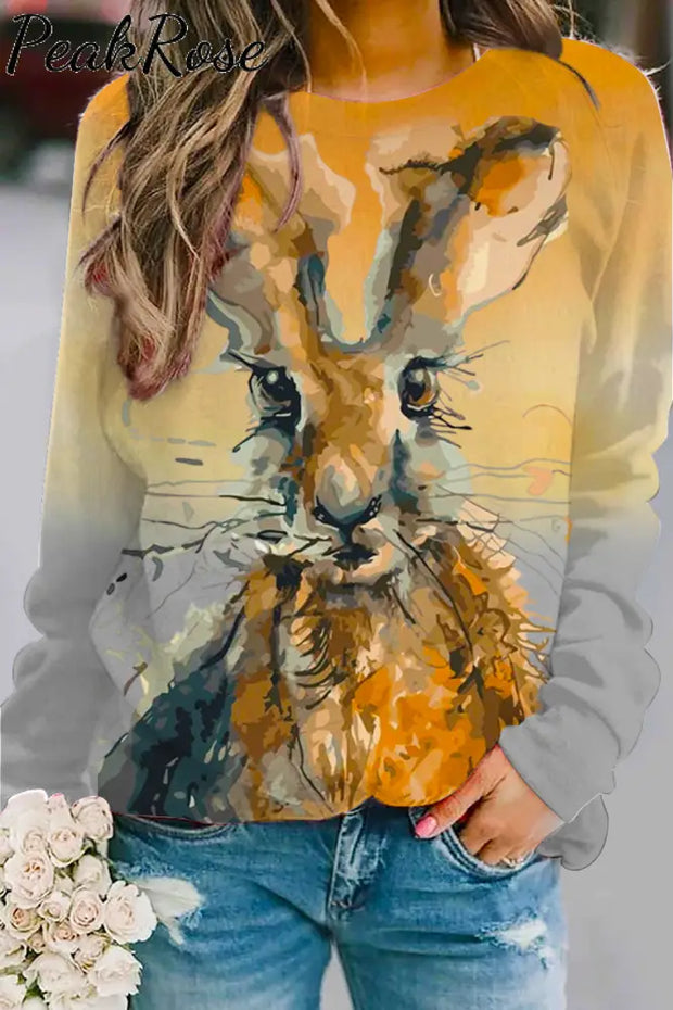 Retro Easter Cute Bunny Watercolor Floral Print Sweatshirt