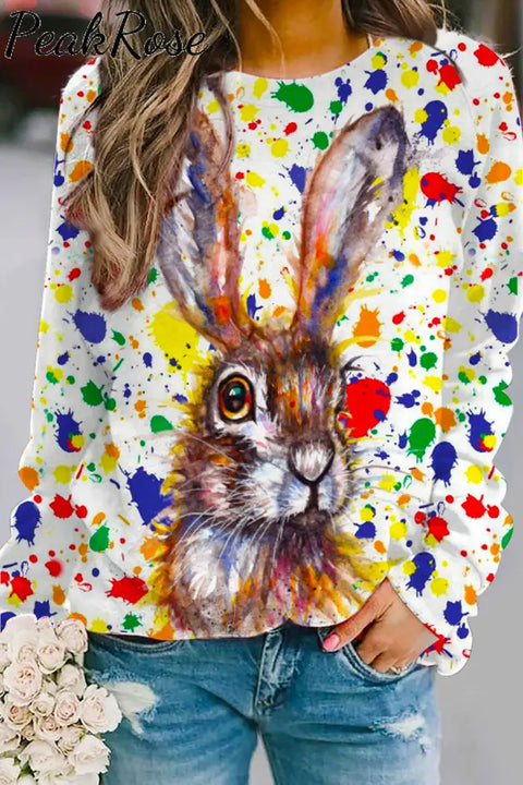 Retro Easter Cute Bunny Watercolor Floral Print Sweatshirt