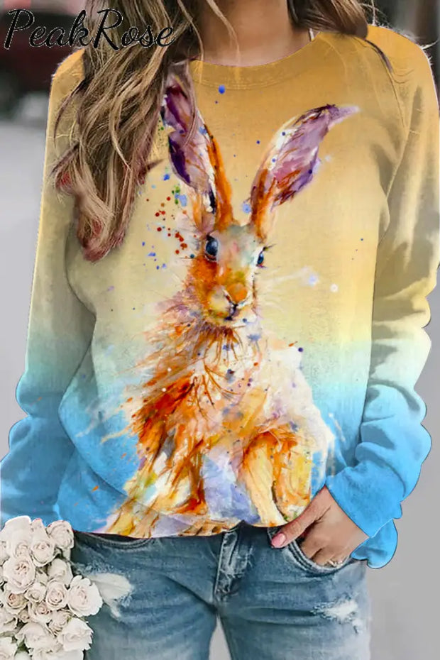 Retro Easter Cute Bunny Watercolor Floral Print Sweatshirt Ombre / S