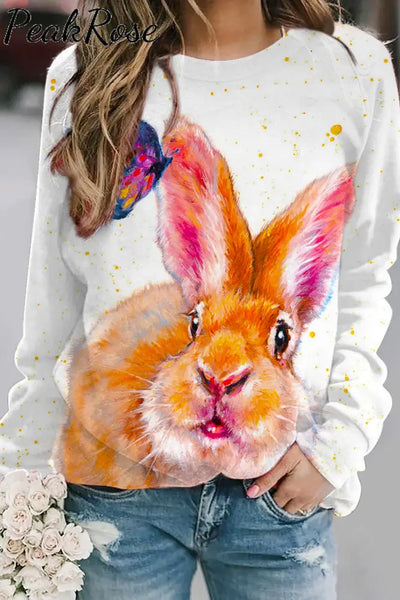 Retro Easter Cute Bunny Watercolor Floral Print Sweatshirt / S