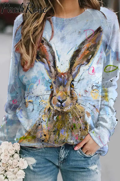 Retro Easter Cute Bunny Watercolor Floral Print Sweatshirt S / Photo Color