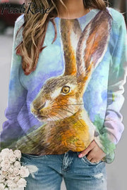 Retro Easter Cute Bunny Watercolor Floral Print Sweatshirt S / Photo Color