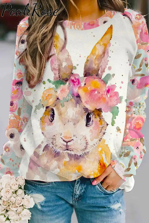 Retro Easter Cute Bunny Watercolor Floral Print Sweatshirt S / Photo Color