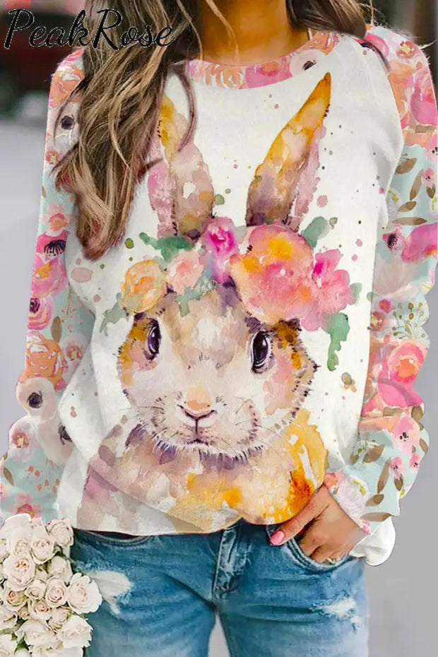 Retro Easter Cute Bunny Watercolor Floral Print Sweatshirt S / Photo Color