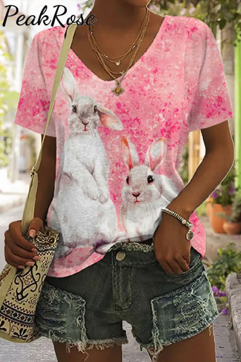 Retro Easter Cute Bunny Watercolor Floral Print V Neck T-Shirt T-Shirt