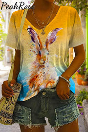 Retro Easter Cute Bunny Watercolor Floral Print V Neck T-Shirt T-Shirt