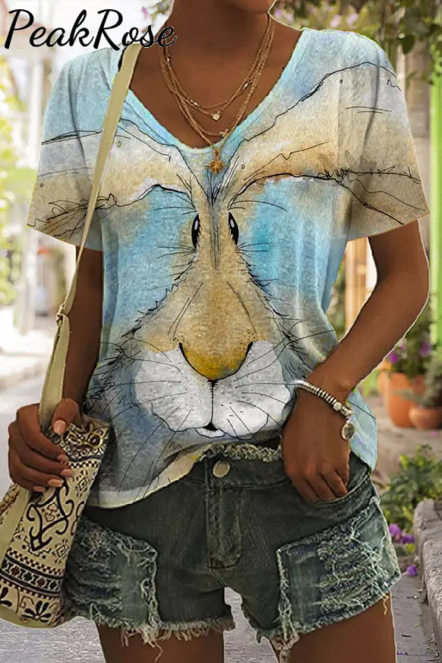 Retro Easter Cute Bunny Watercolor Floral Print V Neck T-Shirt T-Shirt