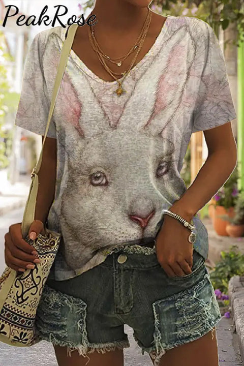 Retro Easter Cute Bunny Watercolor Floral Print V Neck T-Shirt T-Shirt