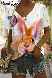 Retro Easter Cute Bunny Watercolor Floral Print V Neck T-Shirt T-Shirt