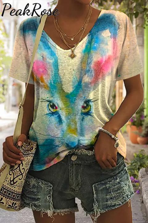 Retro Easter Cute Bunny Watercolor Floral Print V Neck T-Shirt T-Shirt