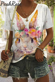 Retro Easter Cute Bunny Watercolor Floral Print V Neck T-Shirt T-Shirt