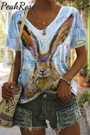 Retro Easter Cute Bunny Watercolor Floral Print V Neck T-Shirt T-Shirt