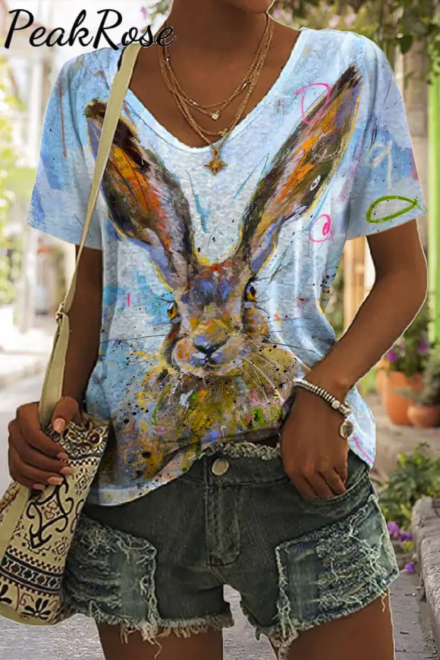 Retro Easter Cute Bunny Watercolor Floral Print V Neck T-Shirt T-Shirt