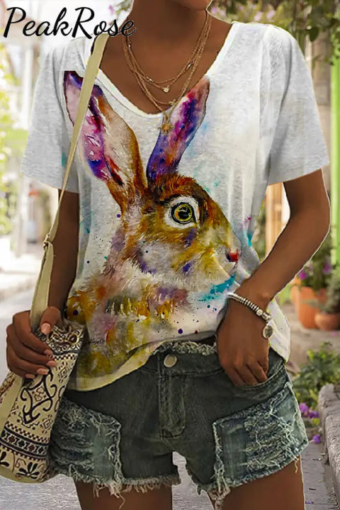 Retro Easter Cute Bunny Watercolor Floral Print V Neck T-Shirt T-Shirt