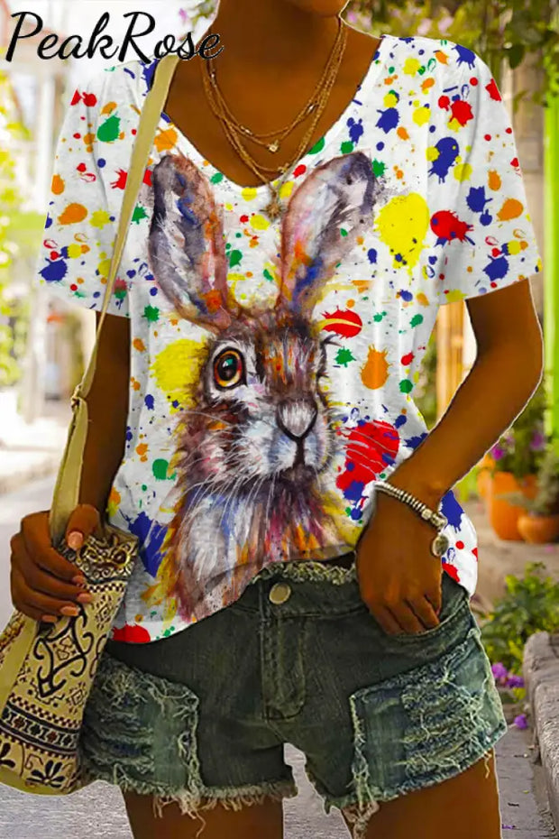 Retro Easter Cute Bunny Watercolor Floral Print V Neck T-Shirt T-Shirt