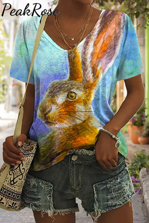 Retro Easter Cute Bunny Watercolor Floral Print V Neck T-Shirt S / Photo Color T-Shirt