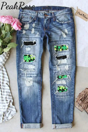 Retro Four-Leaf Clover Full Print Jeans