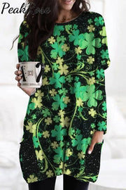 Retro Four-Leaf Clover Full Print Round Neck Pocket Long Shirt Pullover Tunic With Pockets