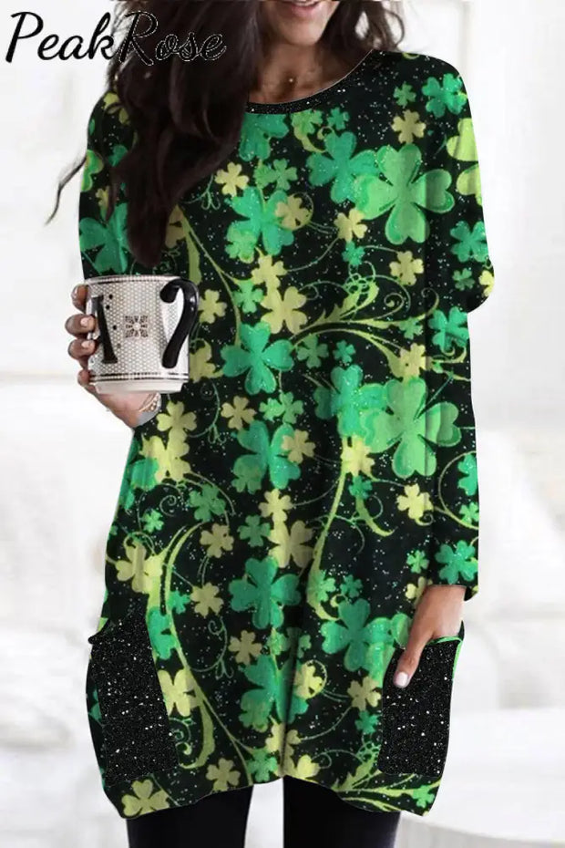 Retro Four-Leaf Clover Full Print Round Neck Pocket Long Shirt Pullover Tunic With Pockets