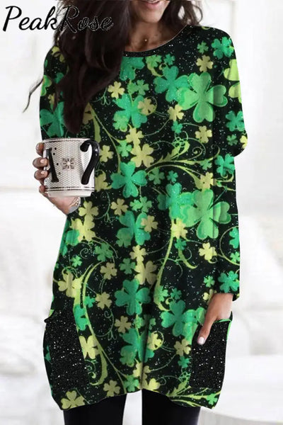 Retro Four-Leaf Clover Full Print Round Neck Pocket Long Shirt Pullover Tunic With Pockets Green / S