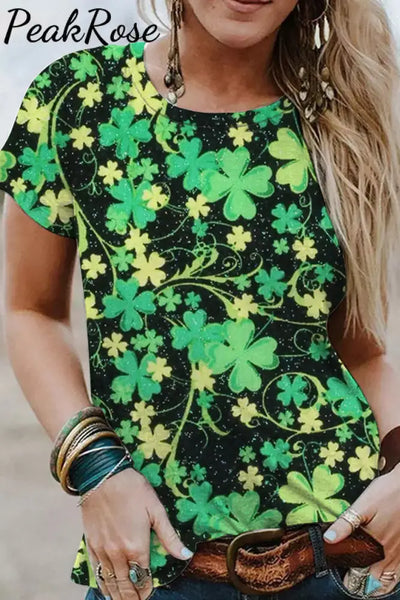 Retro Four-Leaf Clover Full Print Short-Sleeved T-Shirt Green / S T-Shirt