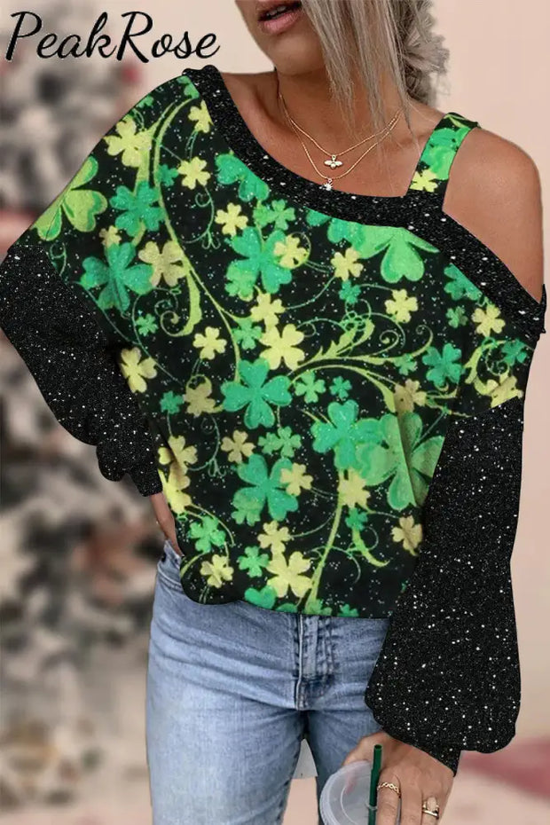 Retro Four-Leaf Clover Full Print Slant Shoulder One-Piece Collar Off-Shoulder Blouse S / Green