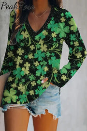 Retro Four-Leaf Clover Full Print V-Neck Long Sleeve Tee S / Green