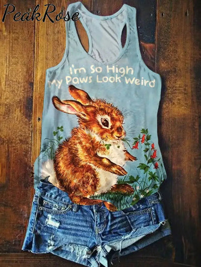 Retro Funny Art Print ’I‘m So High My Paws Look Weird ’ Casaul Tank Top / S Hot Sell