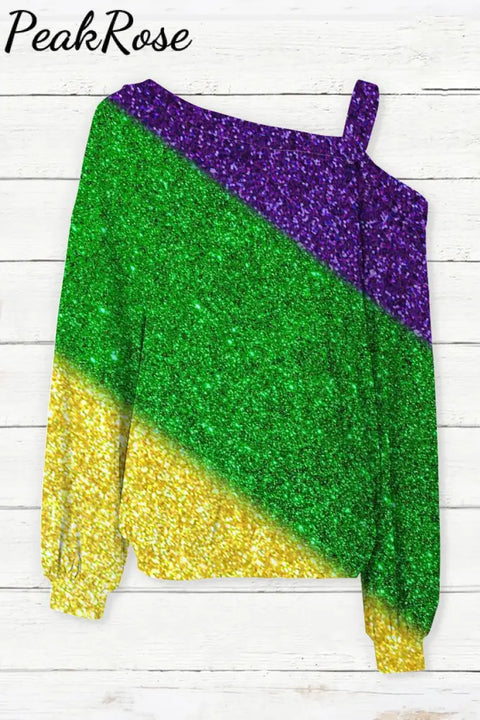 Retro Glitter Gradient Mardi Gras Carnival Print Off-Shoulder Blouse