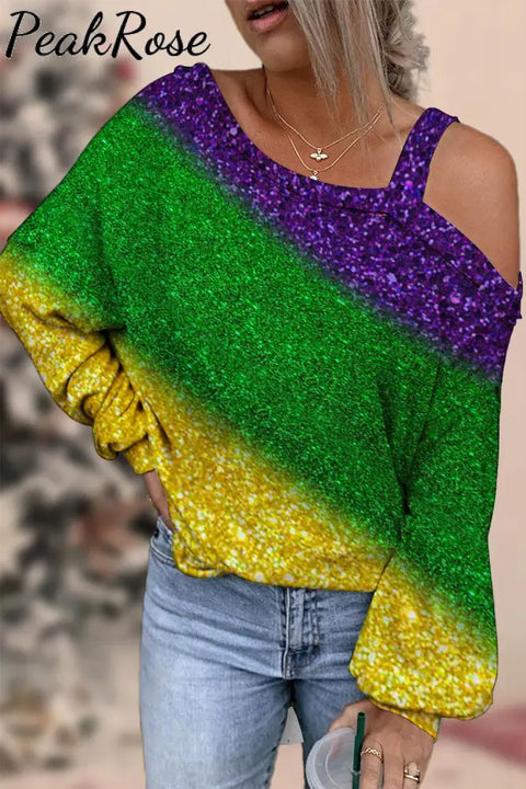 Retro Glitter Gradient Mardi Gras Carnival Print Off-Shoulder Blouse Multicolor / S