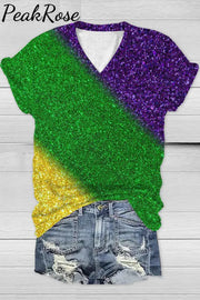 Retro Glitter Gradient Mardi Gras Carnival Print V Neck Short Sleeve T-Shirt