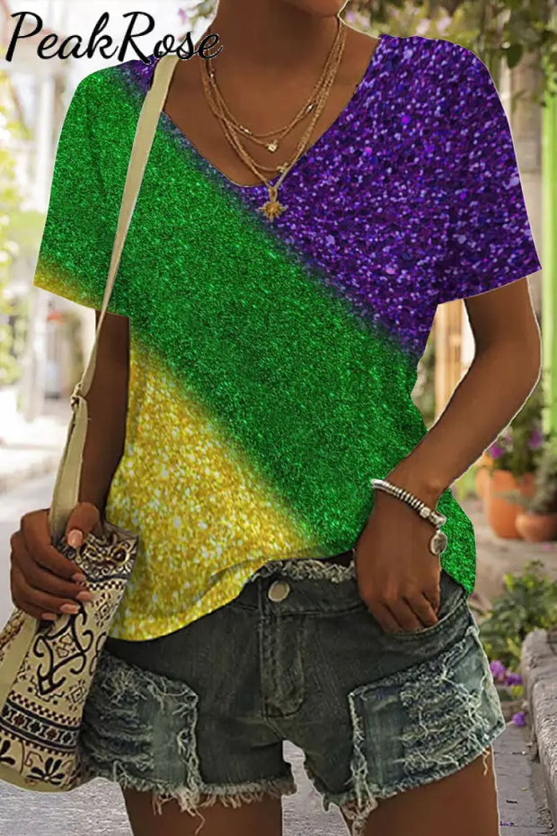 Retro Glitter Gradient Mardi Gras Carnival Print V Neck Short Sleeve T-Shirt S / Multicolor