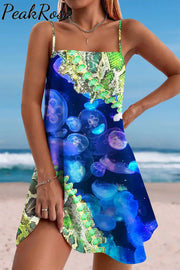 Retro Green Python Pattern Marine Jellyfish Cami Dress