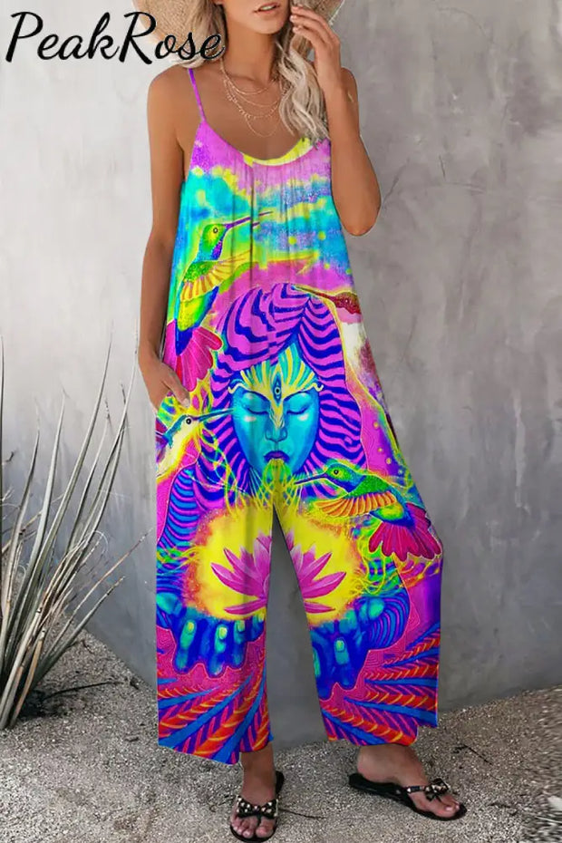 Retro Hippie Art Goddess Tie Dye Pattern Cami Jumpsuit S / Photo Color