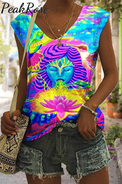 Retro Hippie Art Goddess Tie Dye Print Sleeveless V-Neck Tank S / Photo Color V-Neck Top