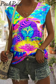 Retro Hippie Art Goddess Tie Dye Print Sleeveless V-Neck Tank V-Neck Top