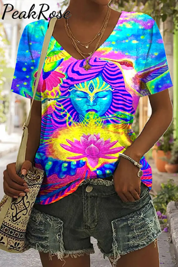 Retro Hippie Art Goddess Tie Dye Print V Neck T-Shirt T-Shirt