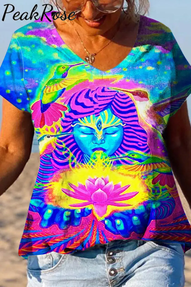 Retro Hippie Art Goddess Tie Dye Print V-Neck T-Shirt T-Shirt