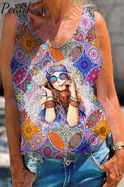 Retro Hippie Girl Boho Bohemia Print Loose V-Neck Tank Top