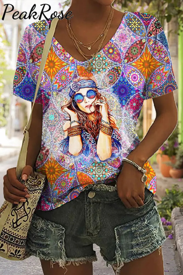 Retro Hippie Girl Boho Bohemia Print V Neck T-Shirt S / Photo Color T-Shirt