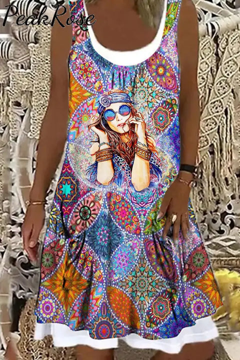 Retro Hippie Girl Boho Bohemia Printed Mock Two-Piece Tank Dress S / Photo Color With Pockets