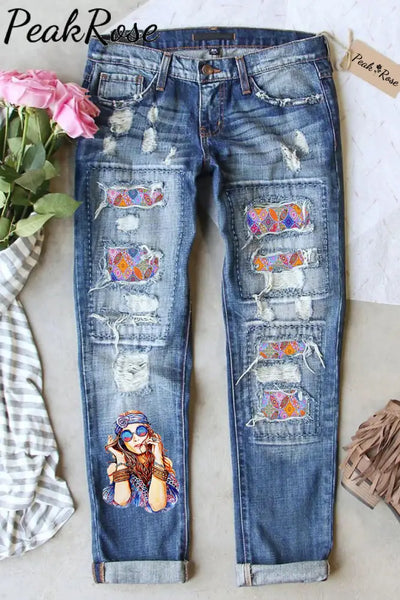 Retro Hippie Girl Boho Bohemia Printed Ripped Denim Jeans S