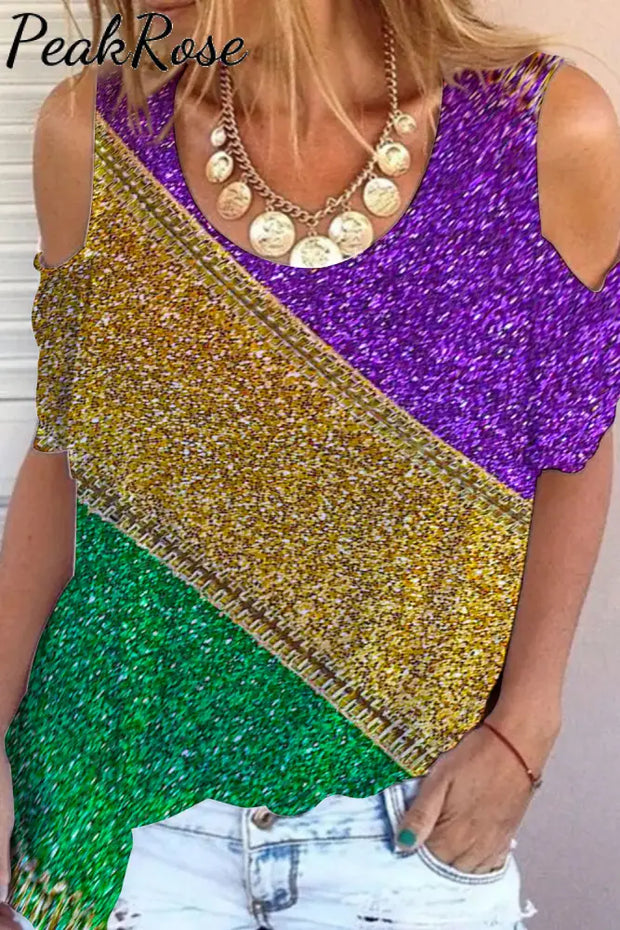 Retro Mardi Gras Carnival Purple Green And Gold Color Block Glitz Print Cold Shoulder T-Shirt